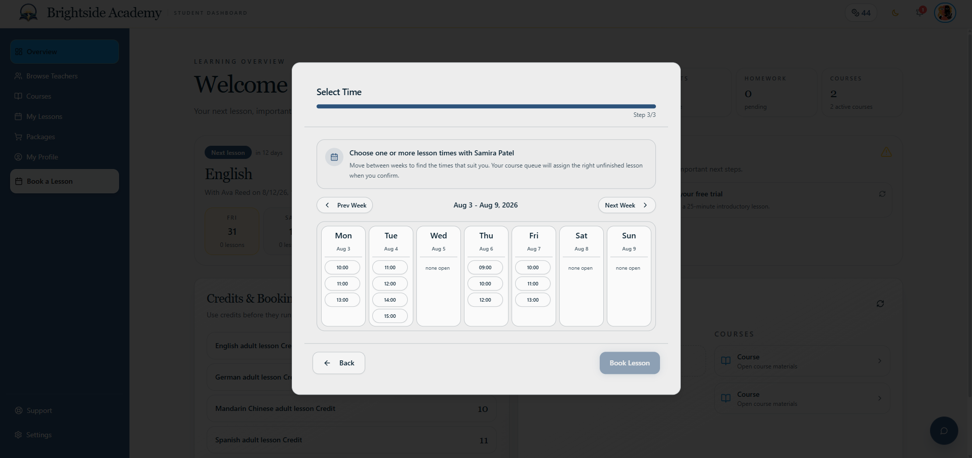 Lesson booking step three showing available time selection