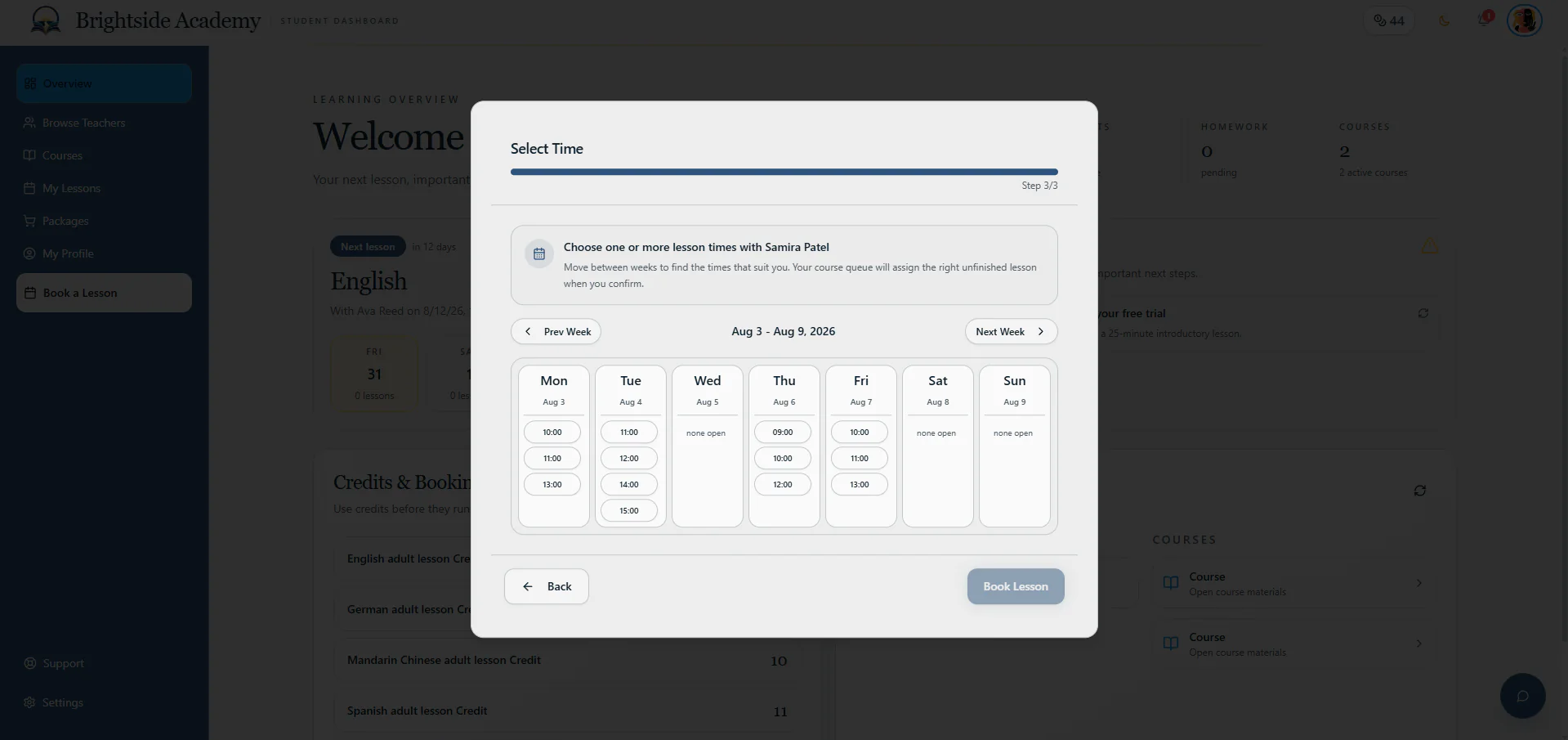 Lesson booking step three showing available time selection