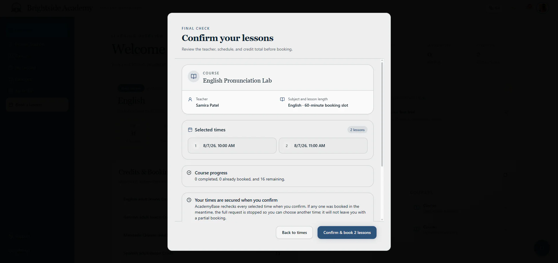 Lesson booking confirmation with course, teacher and time summary