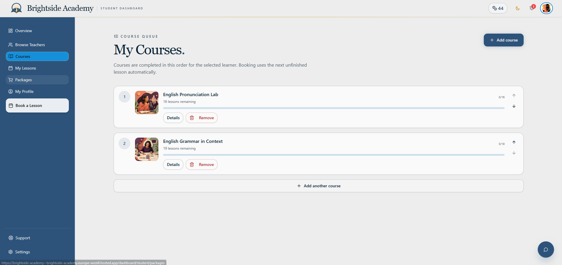 Learner course queue with active course pathways