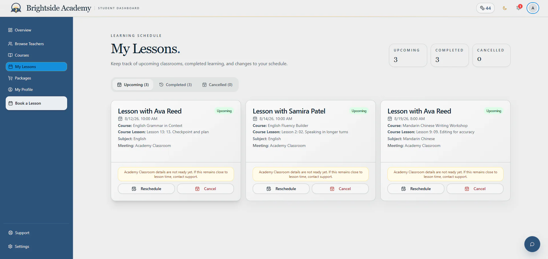Learner My Lessons page with upcoming lesson cards