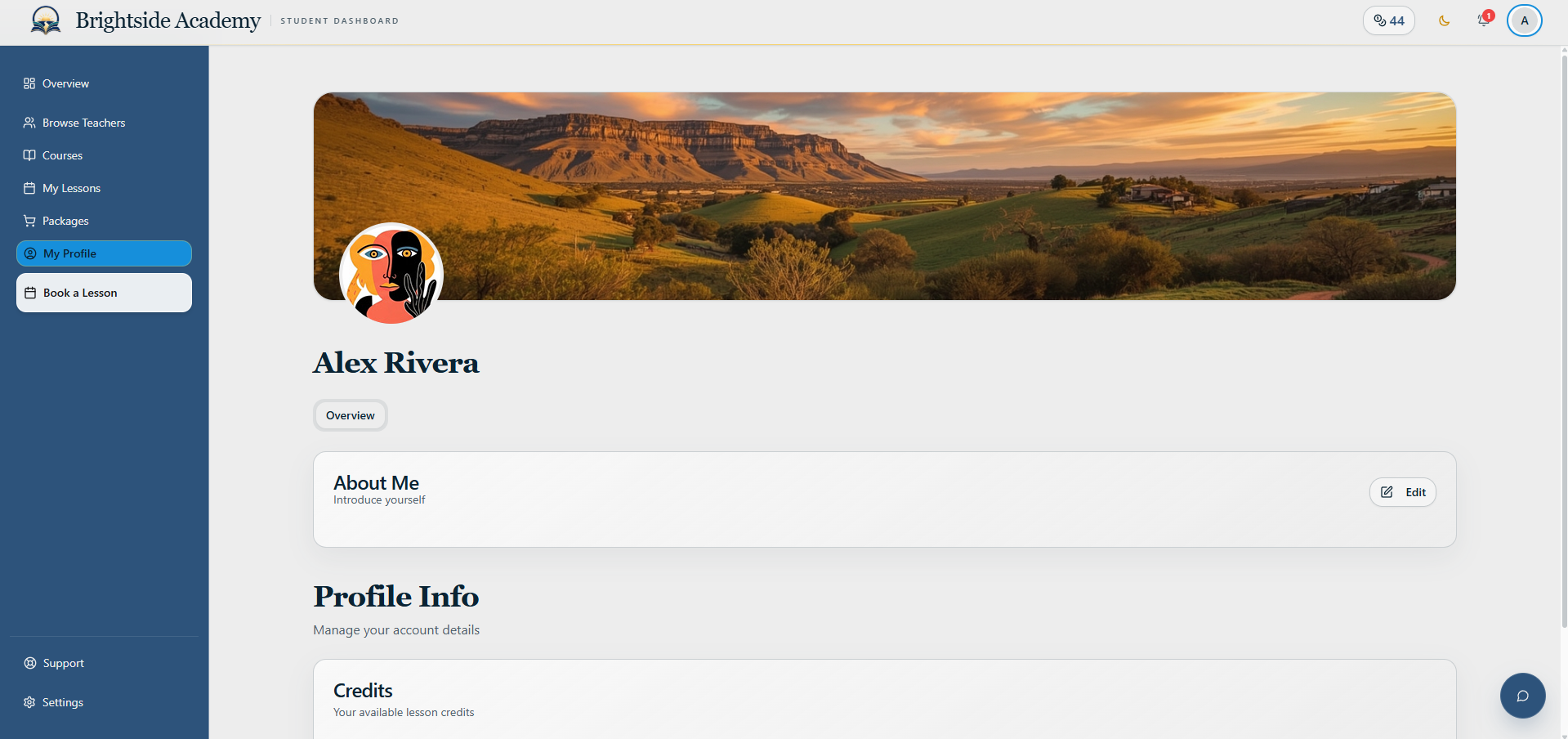 Learner profile page with cover image and profile information