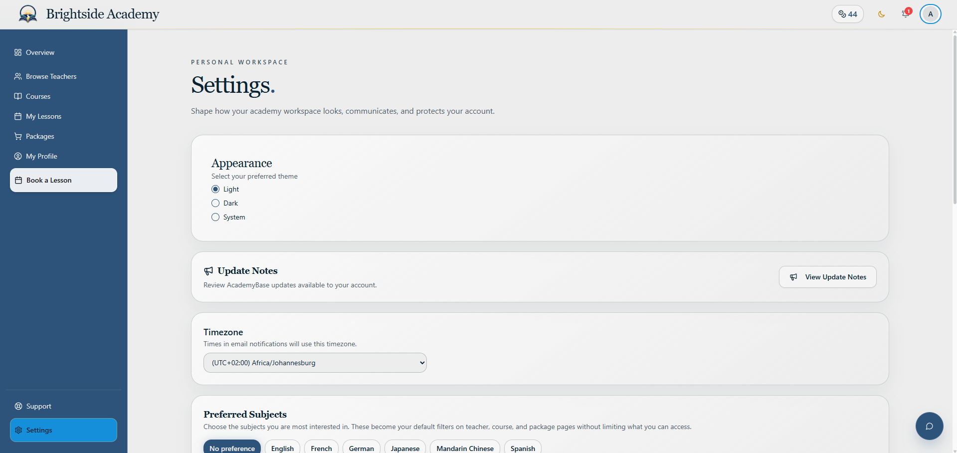 Learner account settings page