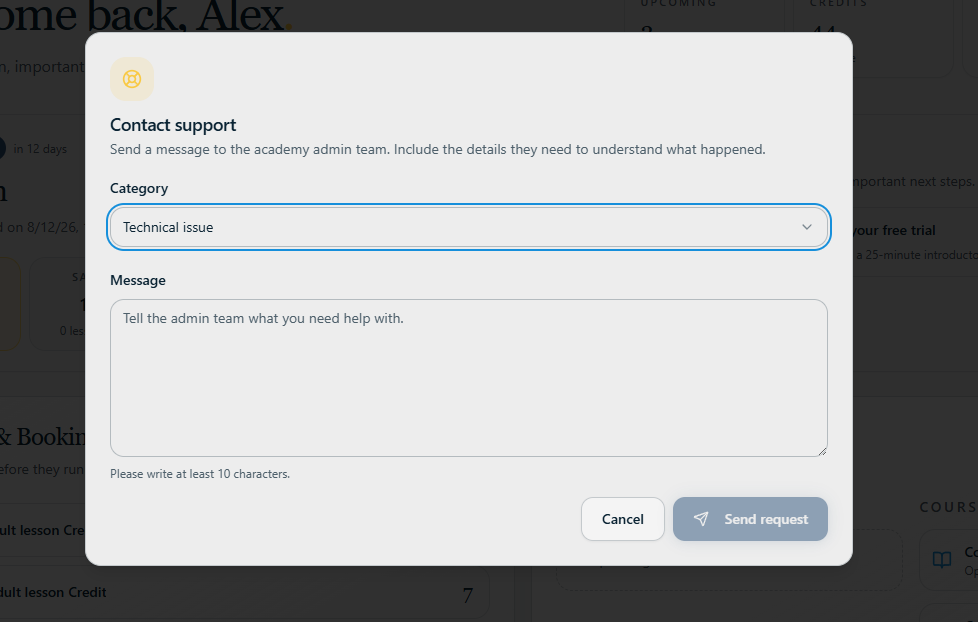 Learner contact support modal