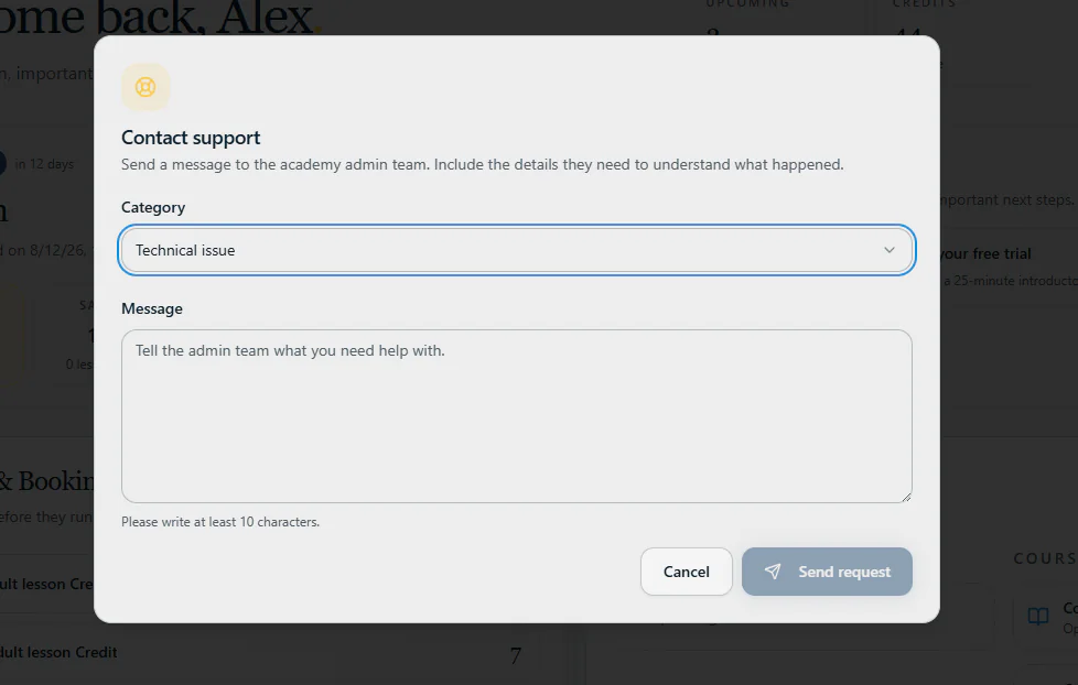 Learner contact support modal