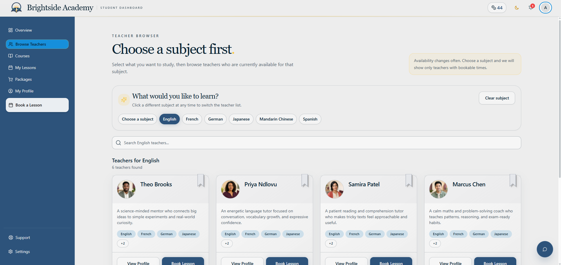 Learner teacher browser filtered to a selected subject