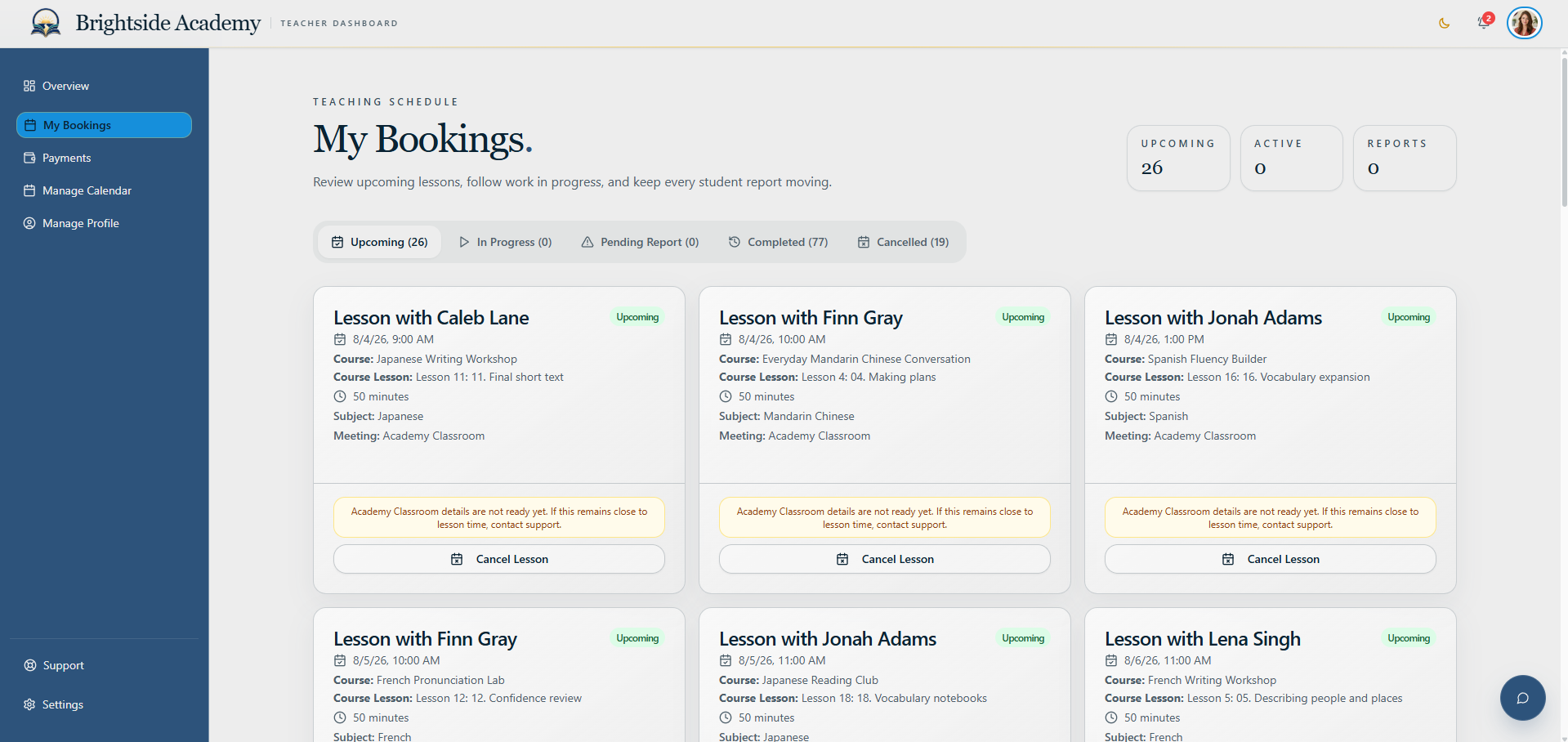 Teacher booking manager with upcoming lesson cards