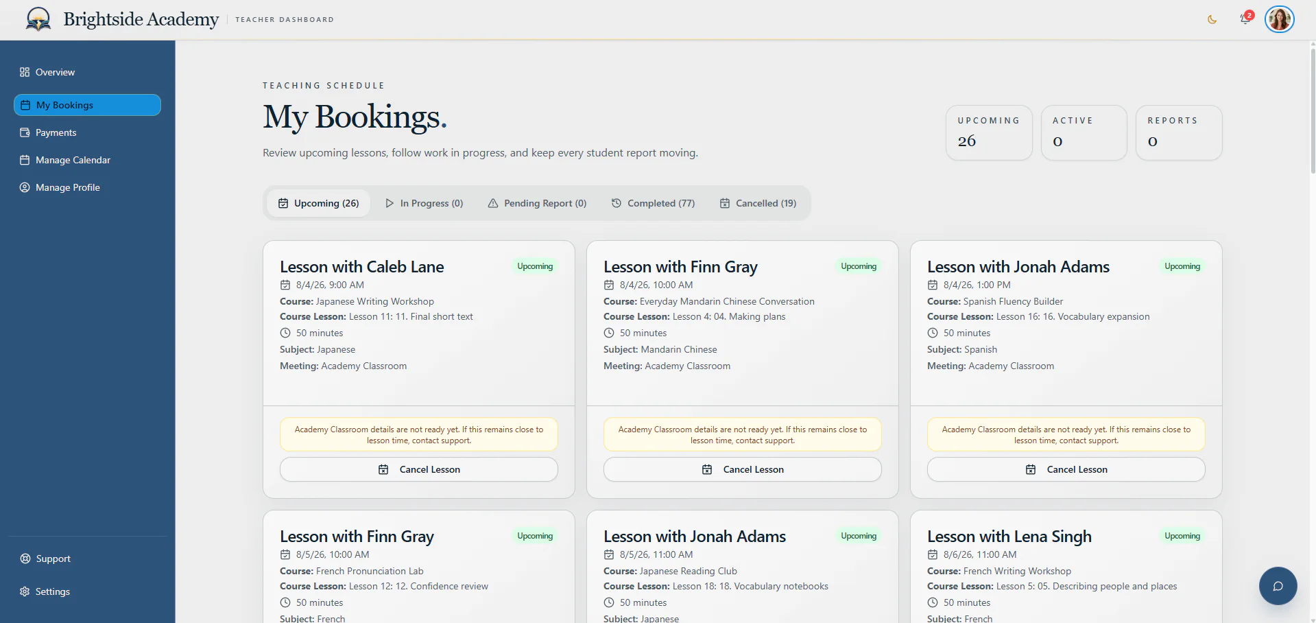 Teacher booking manager with upcoming lesson cards