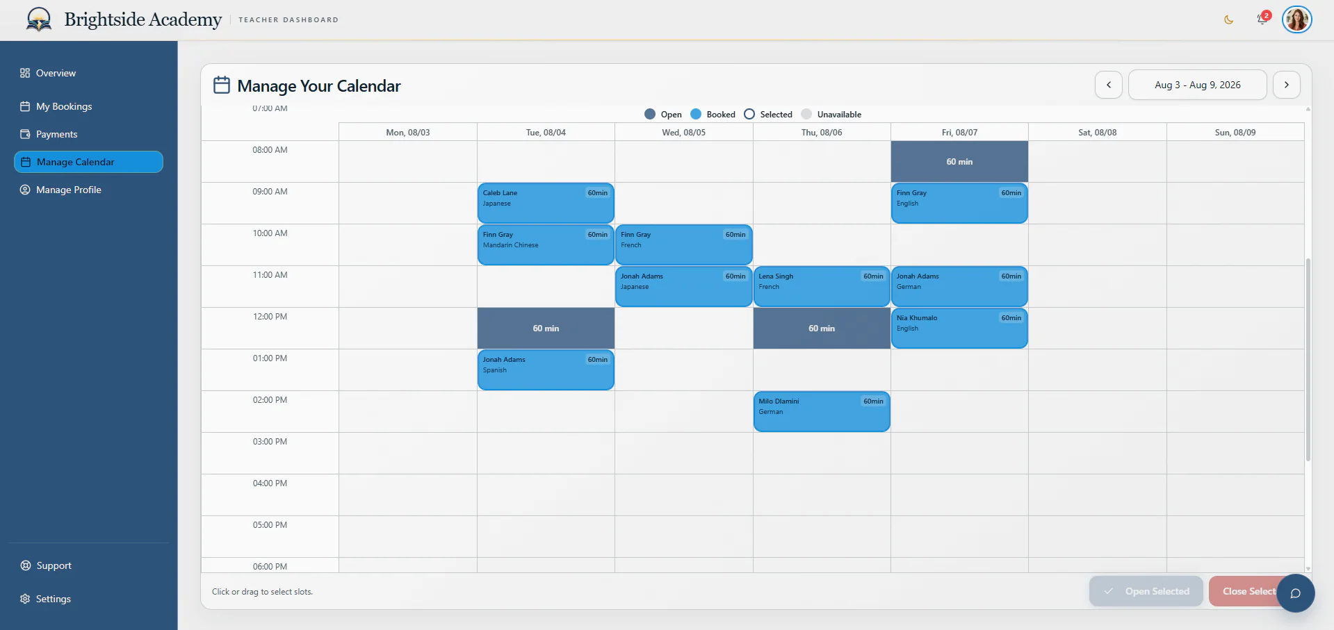 Teacher calendar with available time and lessons