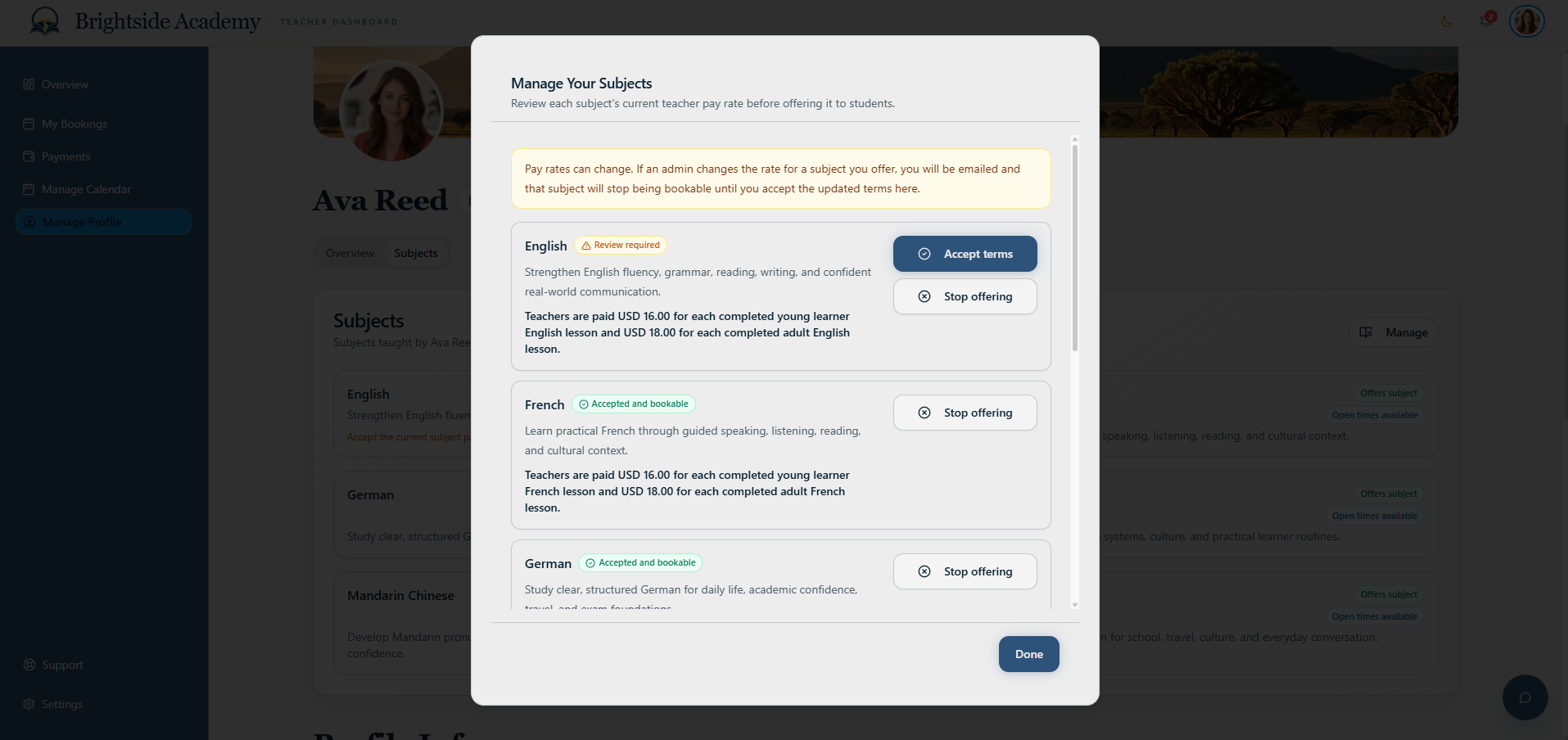 Teacher subject management modal with pay-term status