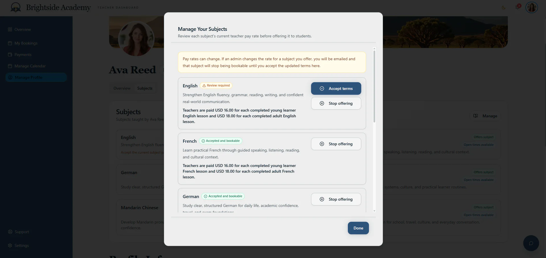 Teacher subject management modal with pay-term status