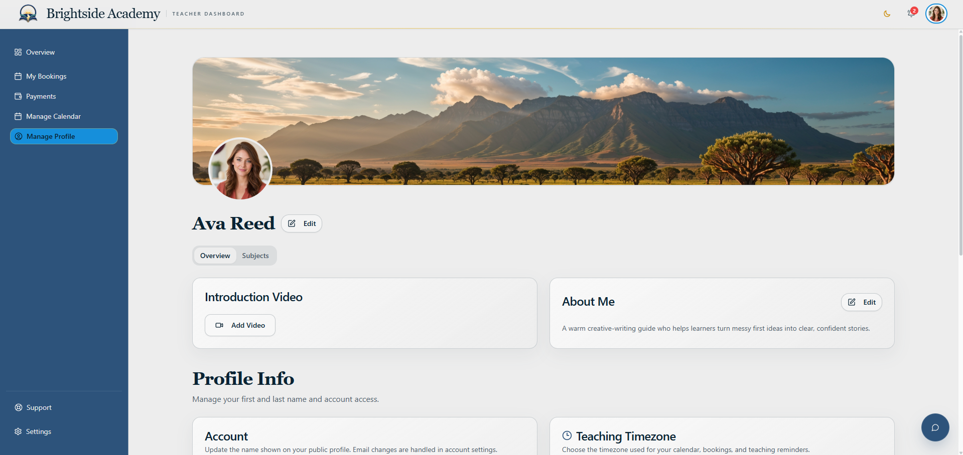 Teacher profile editor with introduction and teaching details