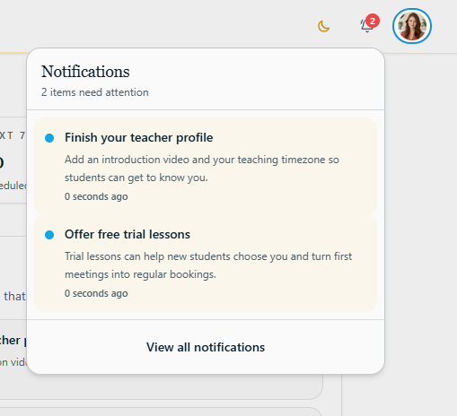 Teacher notification tray with profile and trial lesson actions