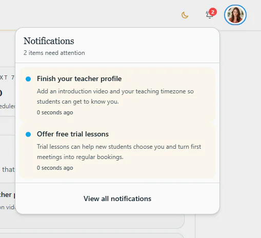 Teacher notification tray with profile and trial lesson actions