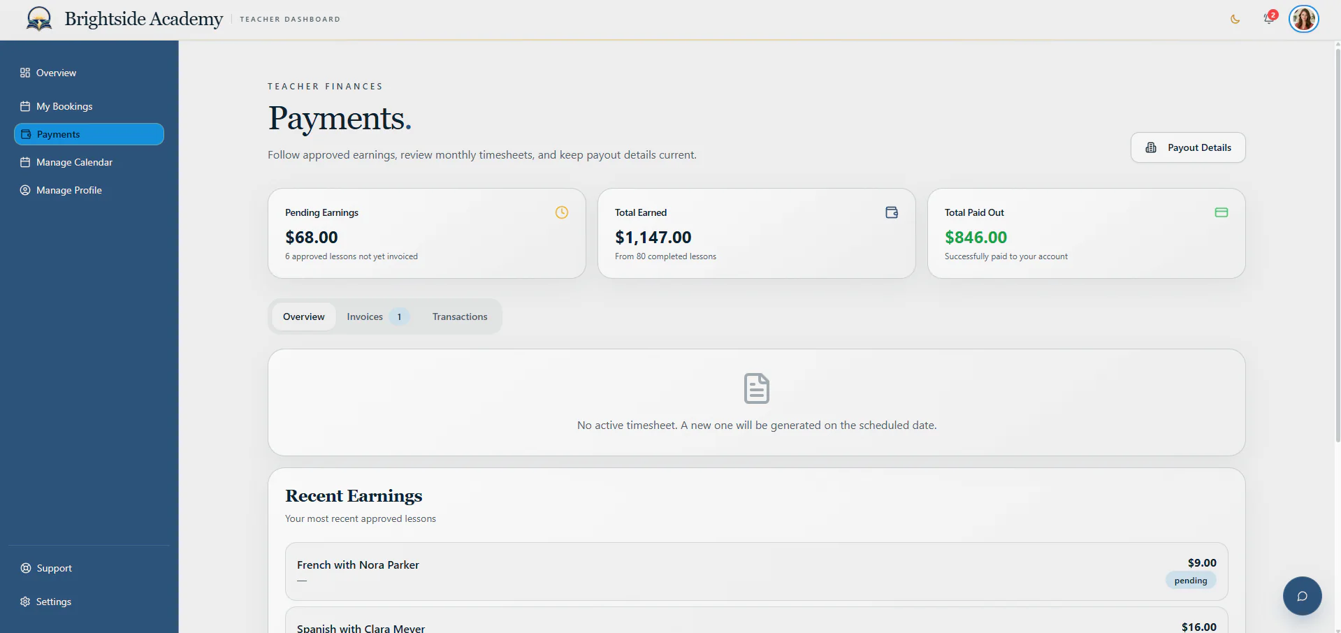 Teacher payments dashboard with earnings and recent activity