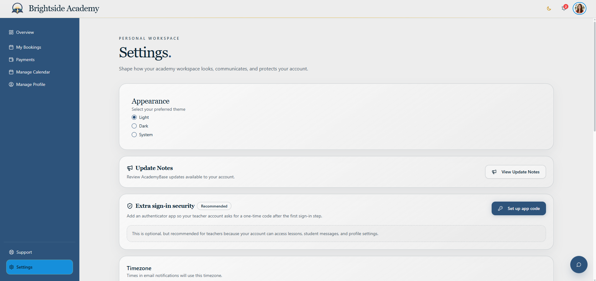 Teacher account settings page