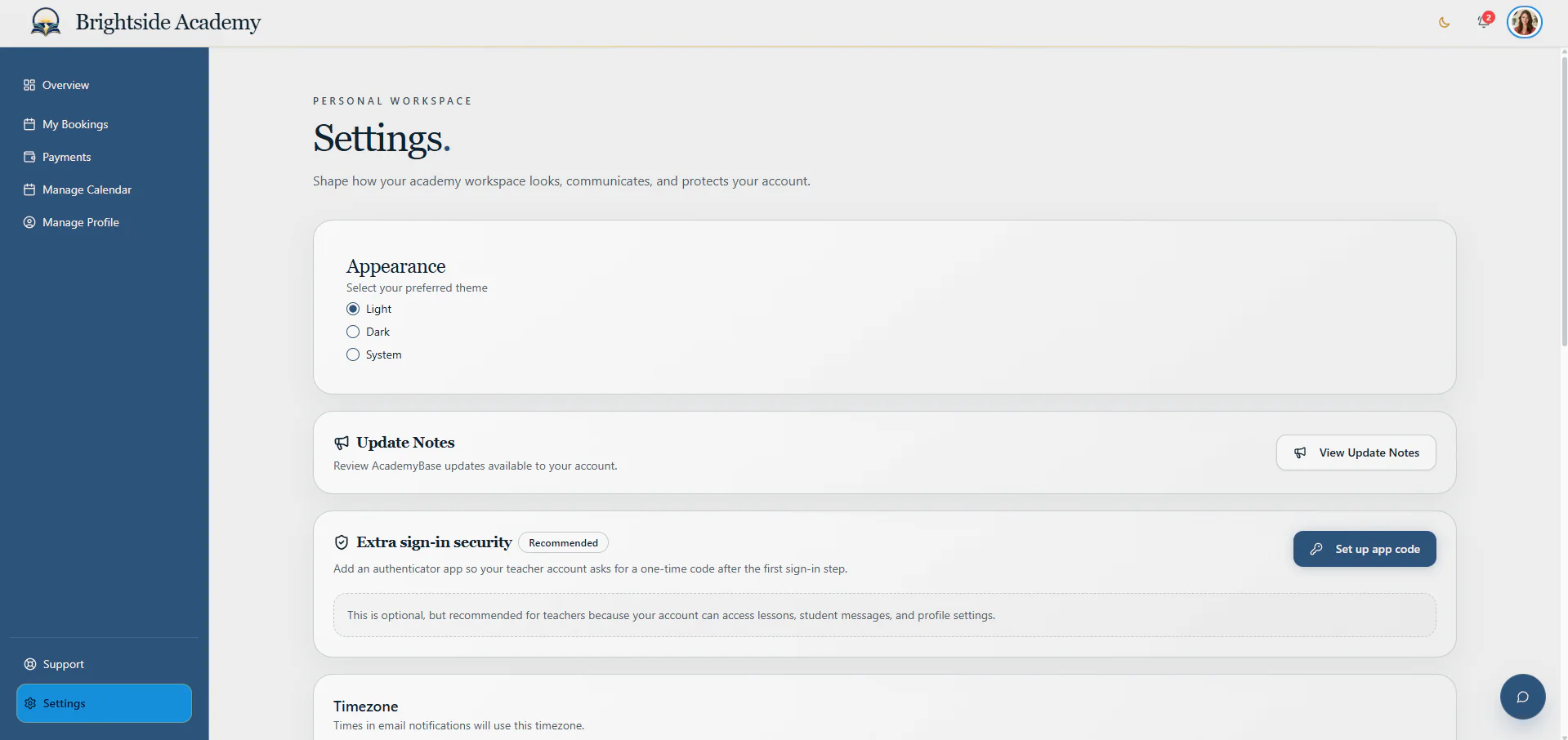 Teacher account settings page